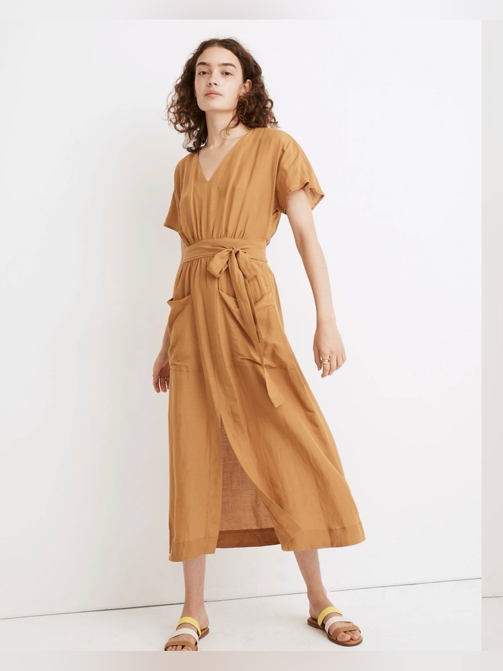 NWT Madewell Linen Blend Dolman Sleeve Tie Waist Midi Dress Toffee Size 0